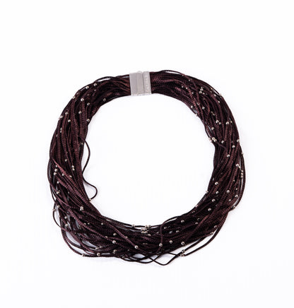 Trebor Style Calgaro choker necklace featuring brown woven sterling silver threads and delicate silver beads.