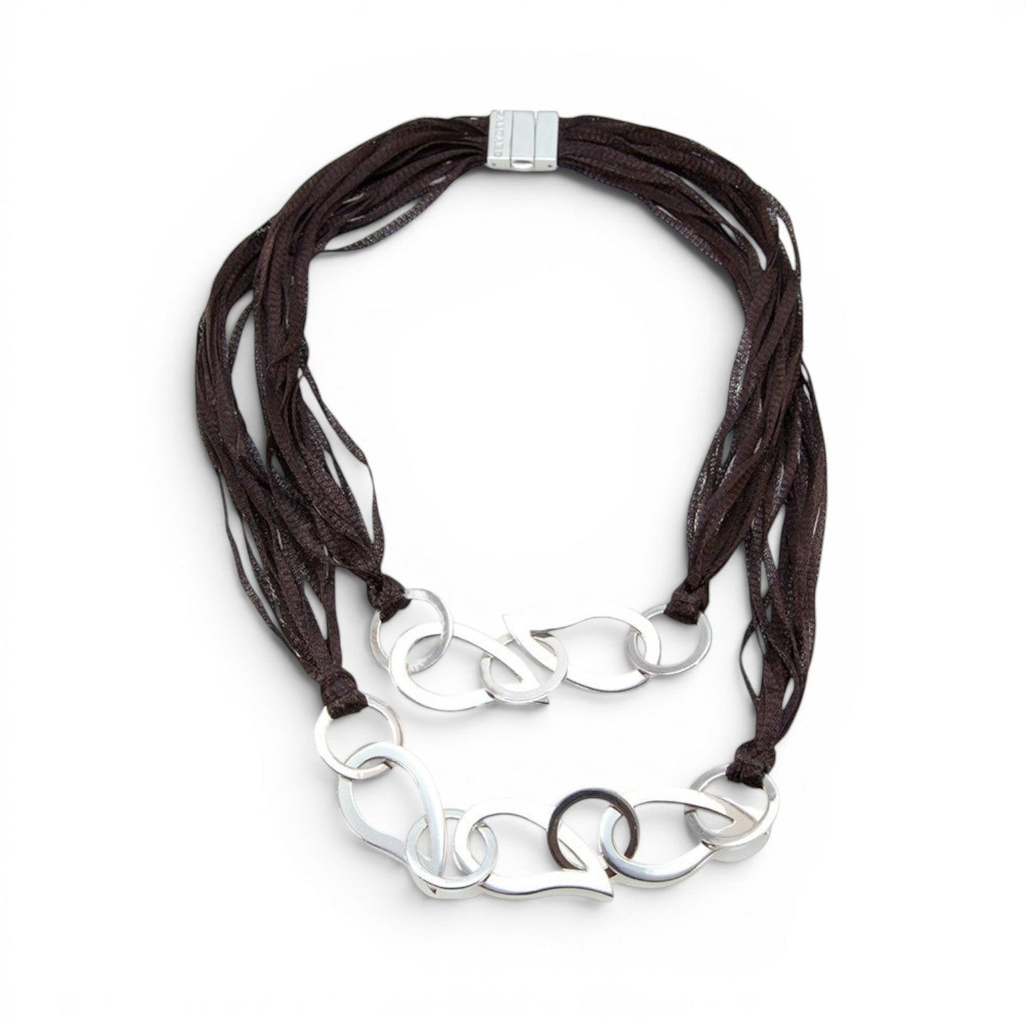 Trebor Style double strand brown woven sterling silver thread necklace with white silver chain link charms