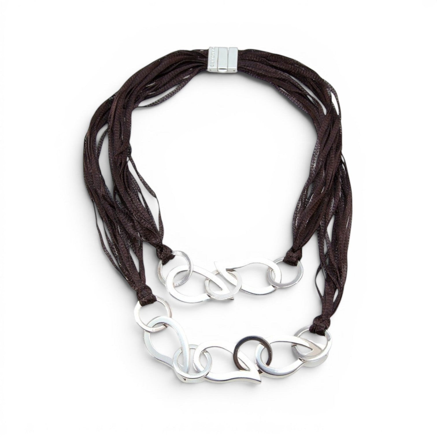 Trebor Style double strand brown woven sterling silver thread necklace with white silver chain link charms