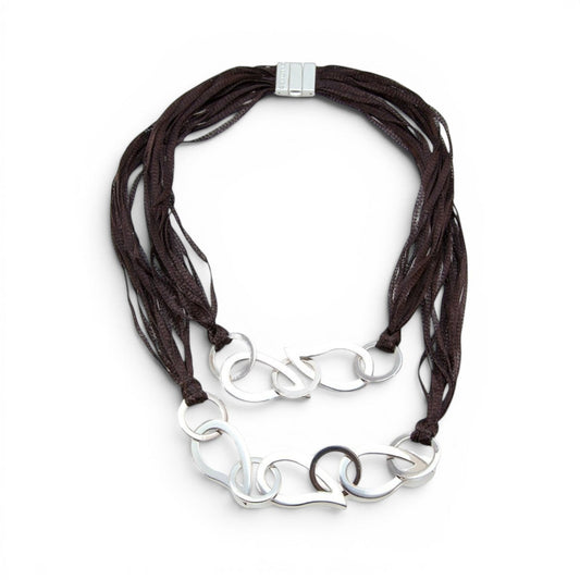 Trebor Style double strand brown woven sterling silver thread necklace with white silver chain link charms