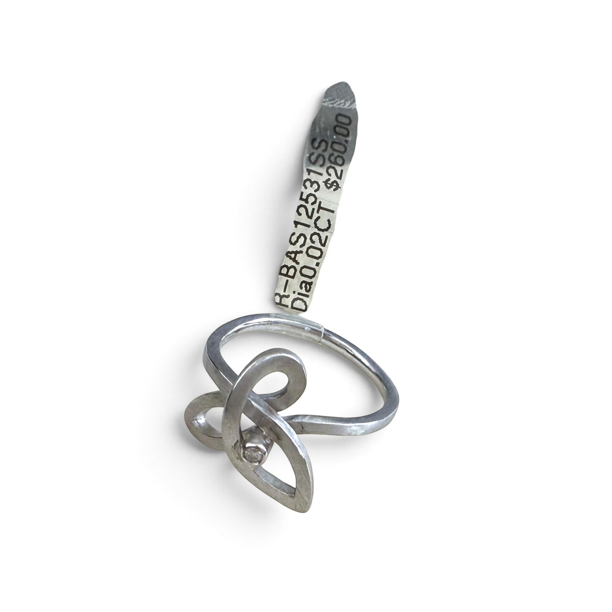 Trebor Style brushed sterling silver ring featuring a fluid weave design and a single diamond accent.