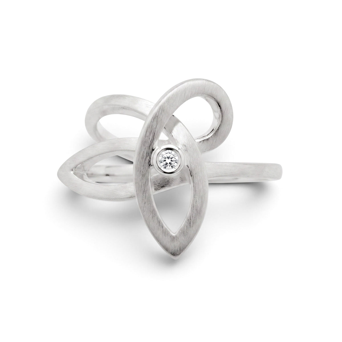 Trebor Style brushed sterling silver ring featuring a fluid weave design and a single centered diamond accent.