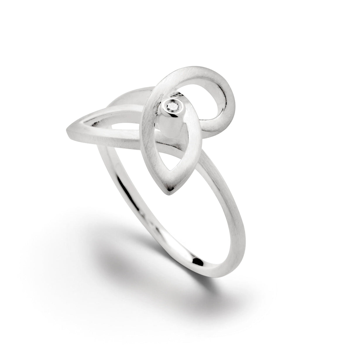 Trebor Style brushed sterling silver ring featuring a fluid weave design and a single diamond accent.
