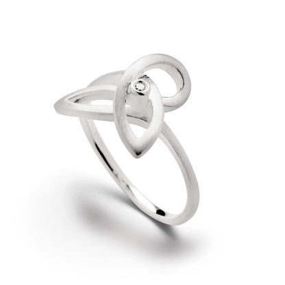 Trebor Style brushed sterling silver ring featuring a fluid weave design and a single diamond accent.