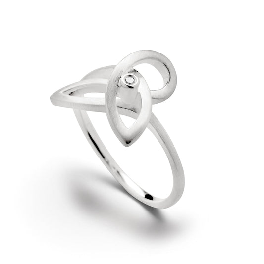 Trebor Style brushed sterling silver ring featuring a fluid weave design and a single diamond accent.
