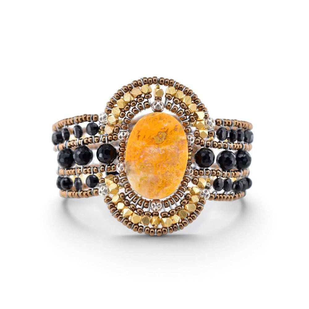 Trebor Style Arkanis oval Bumblebee Jasper cuff bracelet with black spinel, Murano glass, and freshwater pearls.