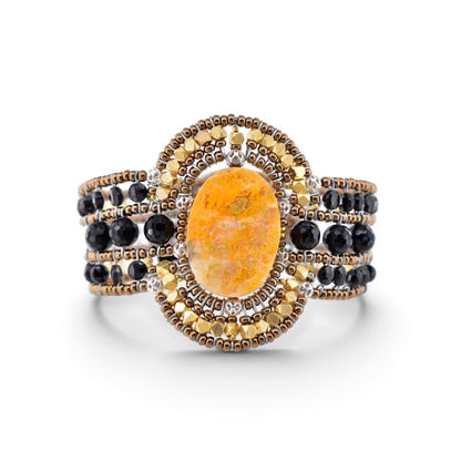 Trebor Style Arkanis oval Bumblebee Jasper cuff bracelet with black spinel, Murano glass, and freshwater pearls.