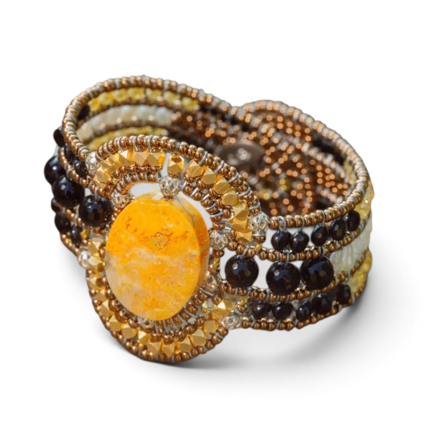 Trebor Style Arkanis oval Bumblebee Jasper cuff bracelet with agate, spinel, Murano glass, and freshwater pearls.
