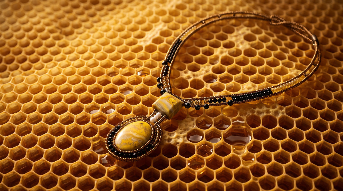Trebor Style Arkanis bumblebee necklace with yellow jasper, bronze, gold, and black beads on a honeycomb background.