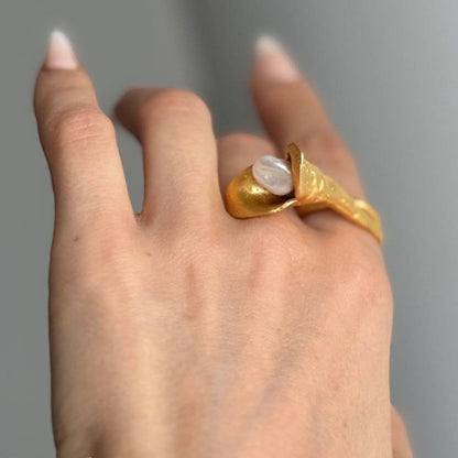 Trebor Style calla lily ring in brushed 24k gold filled metal featuring a lustrous biwa pearl on an adjustable band.