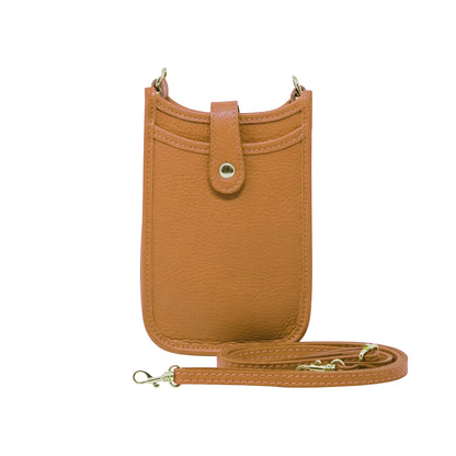 Trebor Style camel Italian leather cellphone crossbody bag with a snap closure and removable strap on white background