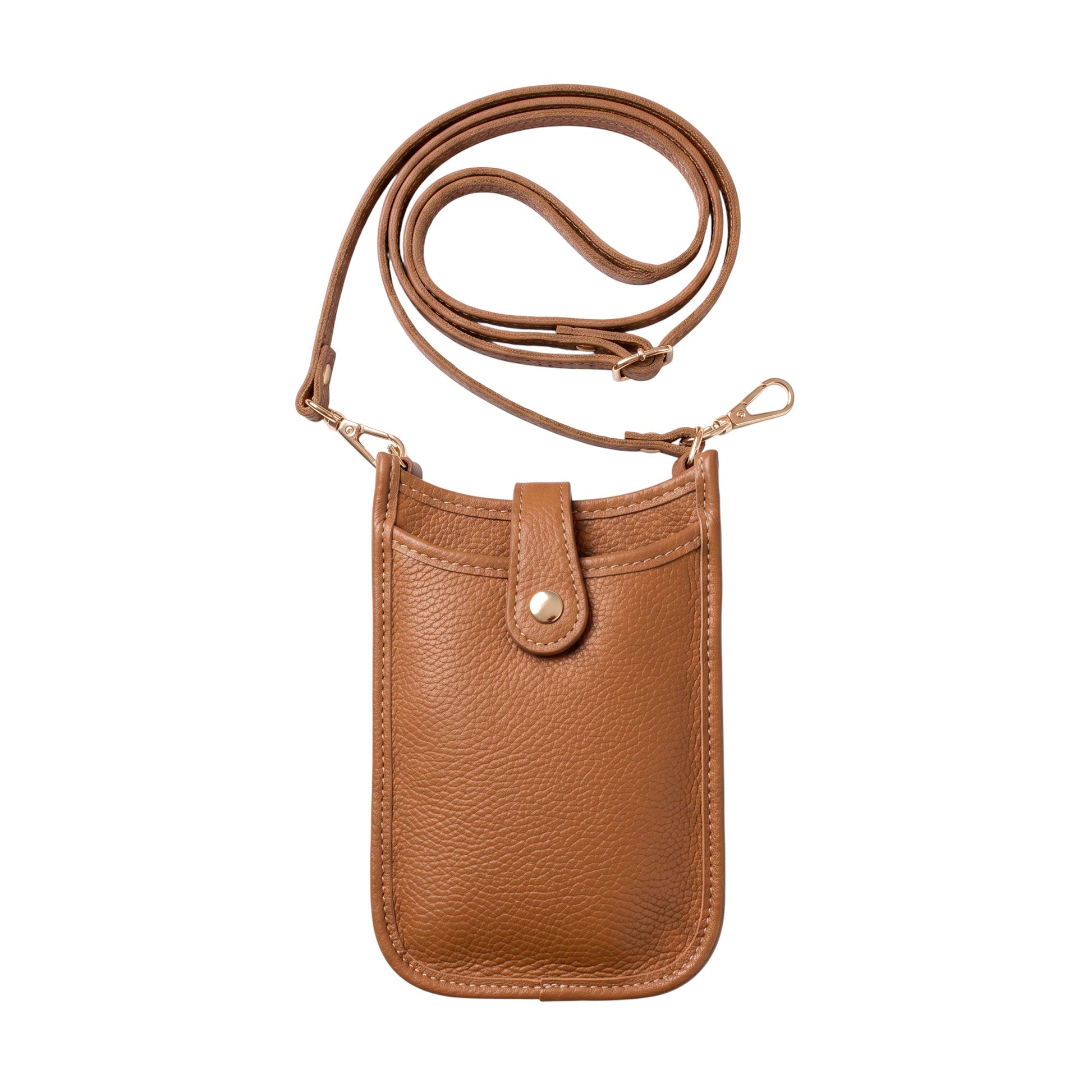 Trebor Style camel Italian leather cellphone crossbody bag with a removable strap and secure snap closure.