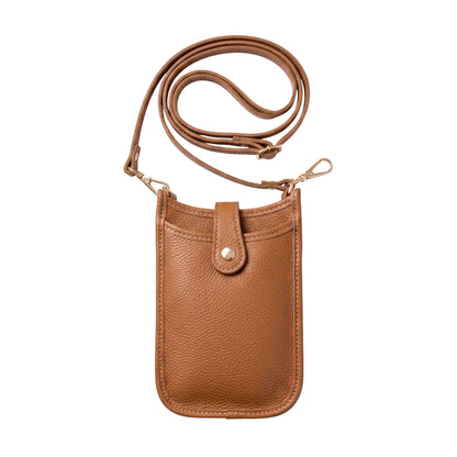 Trebor Style camel Italian leather cellphone crossbody bag with a removable strap and secure snap closure.