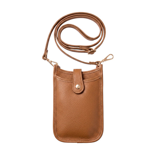 Trebor Style camel Italian leather cellphone crossbody bag with a removable strap and secure snap closure.