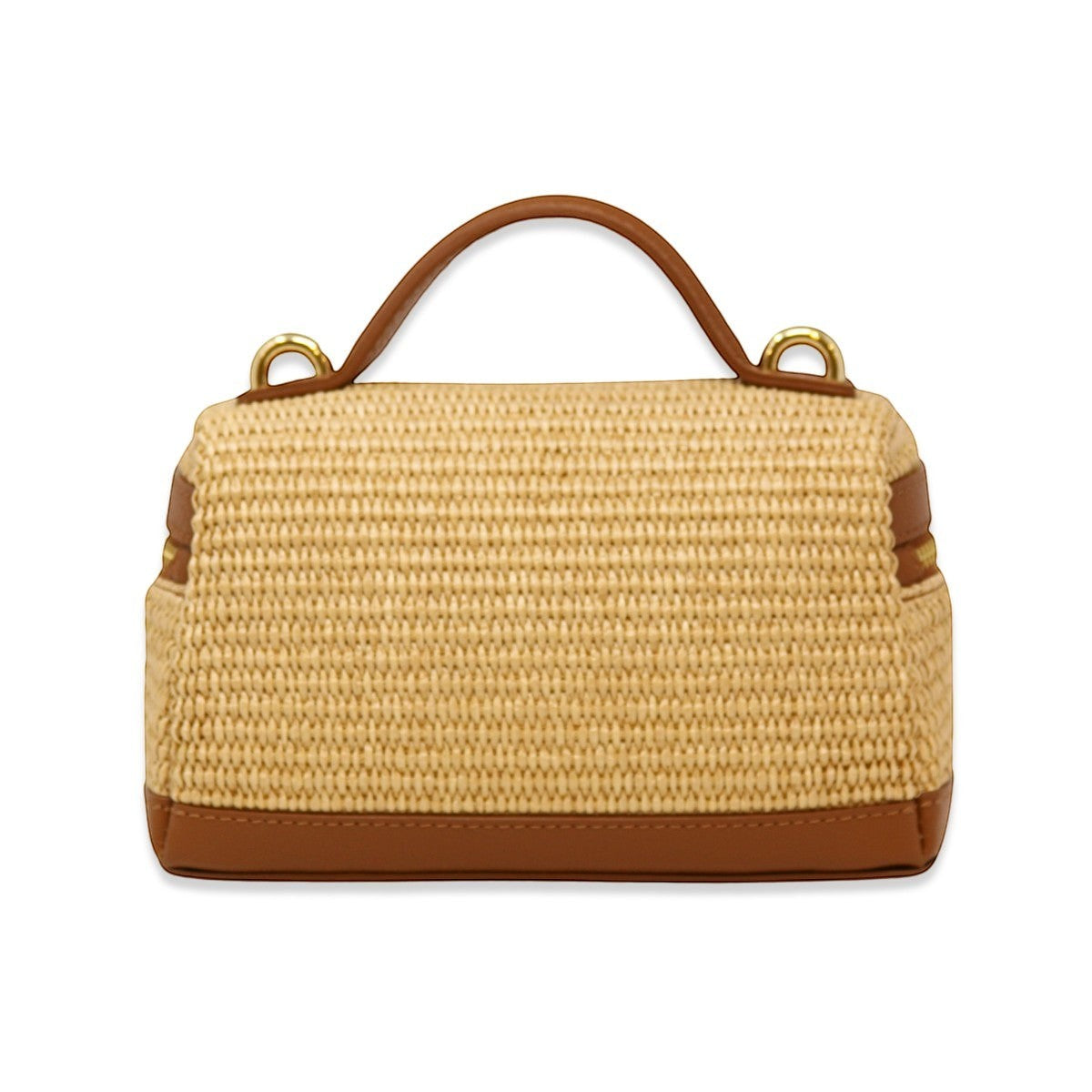 Trebor Style camel woven top-handle beach bag with a structured silhouette and gold hardware details.