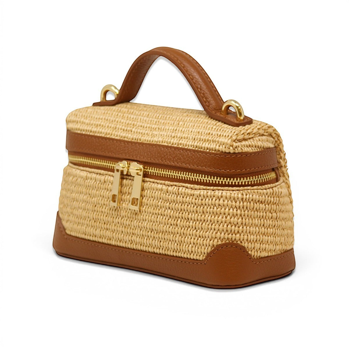 Trebor Style camel woven top-handle beach bag with structured silhouette, gold zipper, and leather trim details.