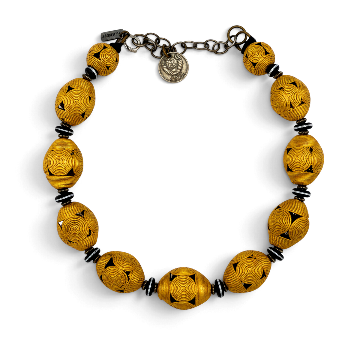 Trebor Style Masha Archer Cameroon gold wreath necklace featuring 24k gold plated bronze baskets and black enamel discs.
