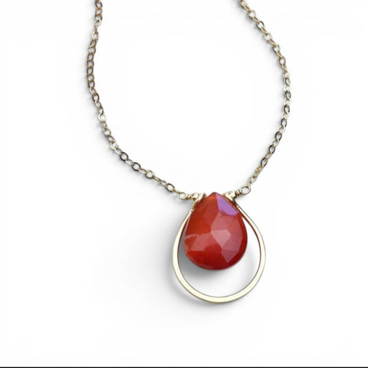 Trebor Style carnelian teardrop necklace in a 14k gold fill framework on a delicate chain.