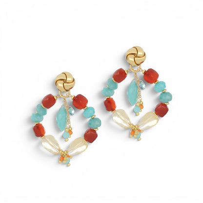 Trebor Style Ines carnelian and turquoise hoop earrings with gold-plated knot studs, handmade in Italy.