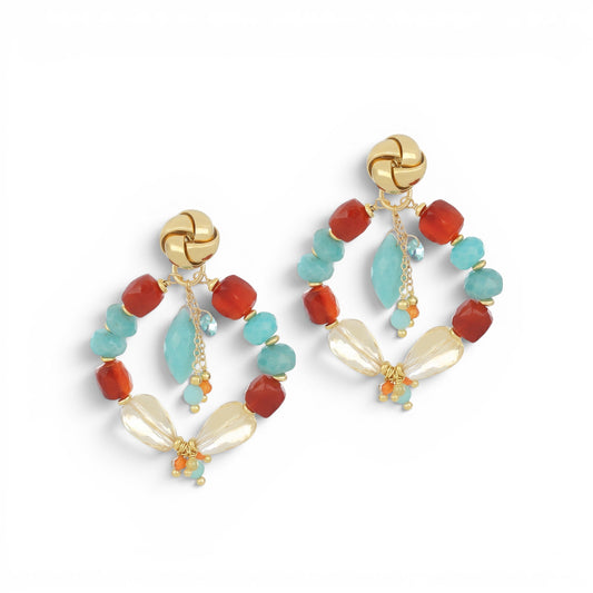 Trebor Style Ines carnelian and turquoise hoop earrings with gold-plated knot studs, handmade in Italy.