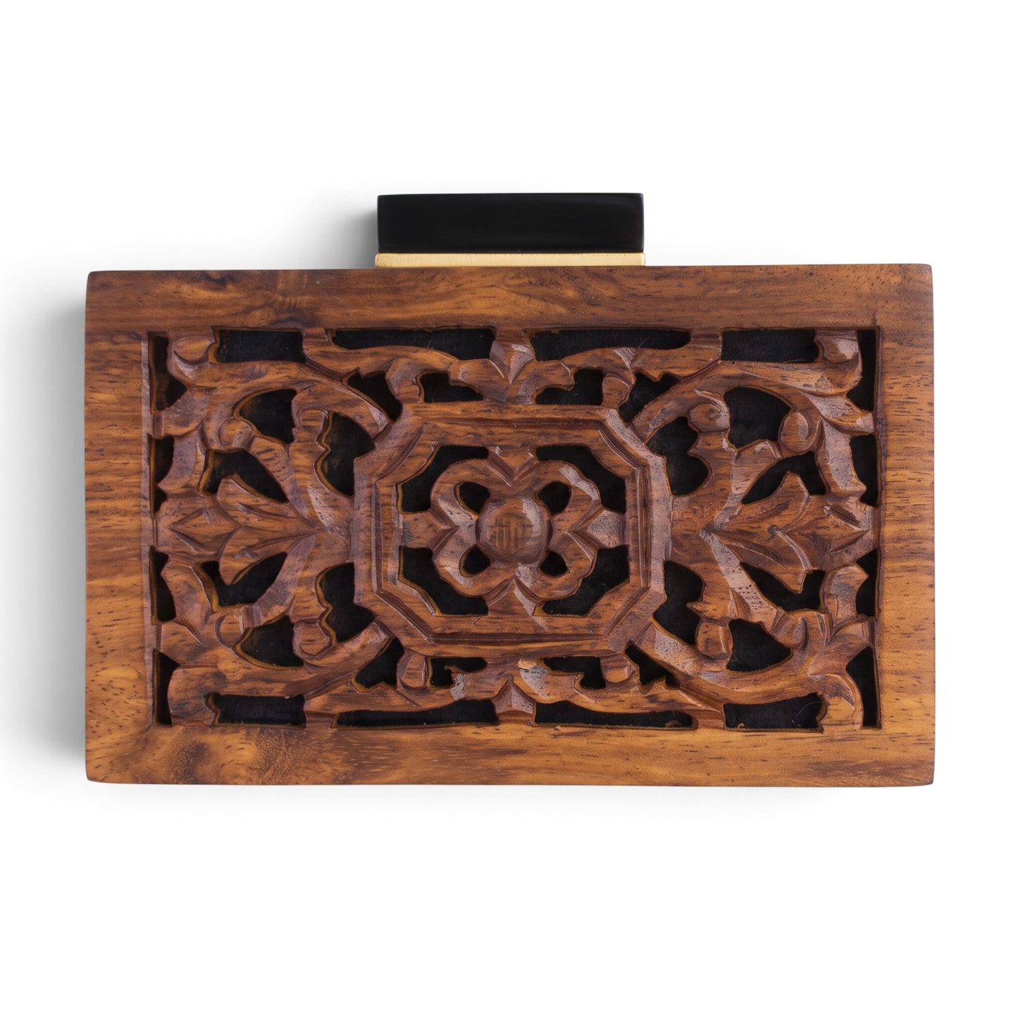 Trebor Style handmade wooden box bag featuring intricate floral carvings and a rectangular magnetic closure