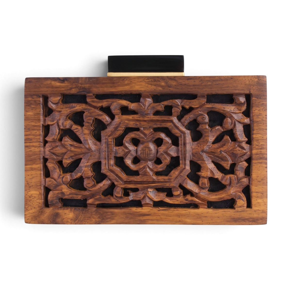 Trebor Style handmade wooden box bag featuring intricate floral carvings and a rectangular magnetic closure.