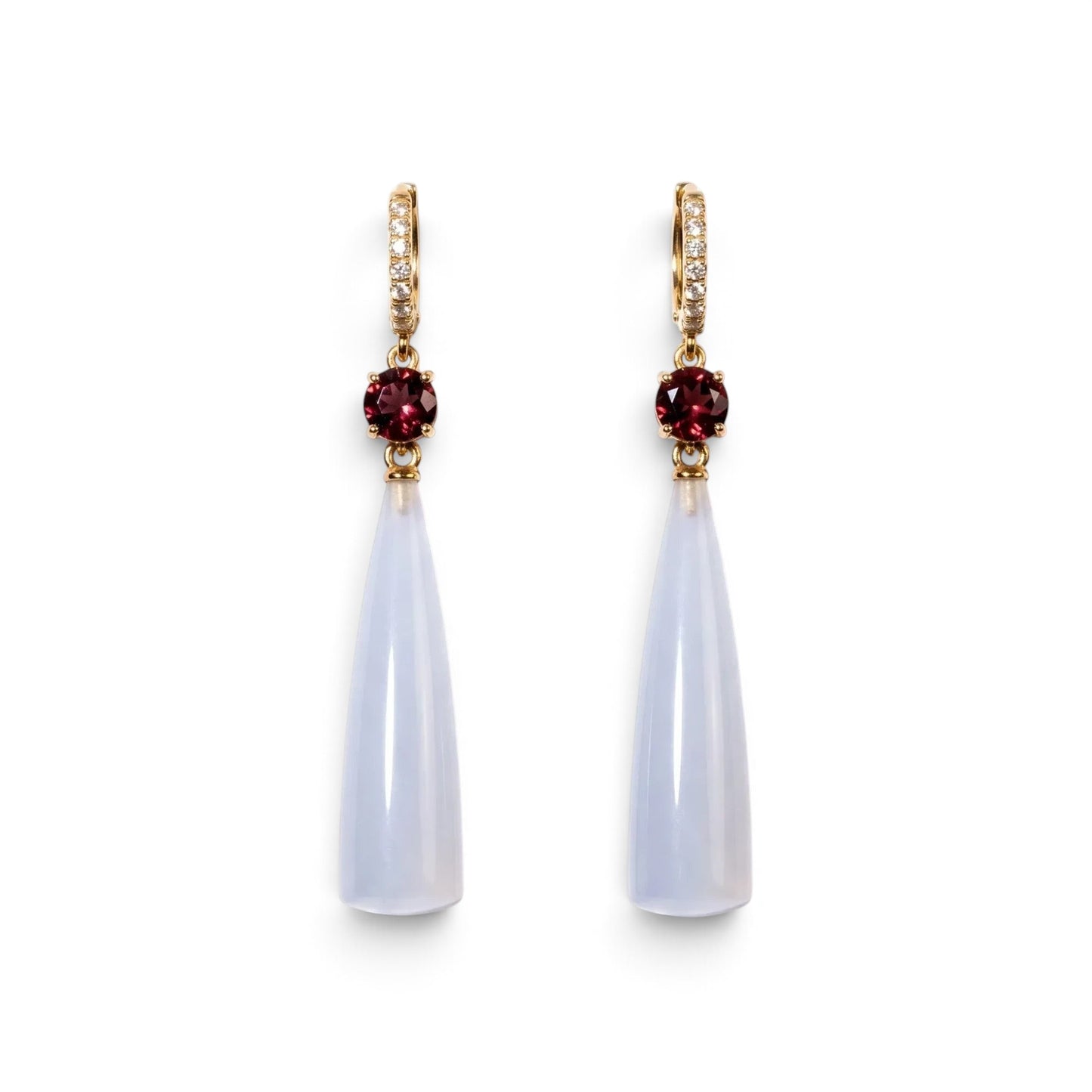Trebor Style 18k gold drop earrings featuring milky white chalcedony spikes, rubelite stones, and diamond accents.