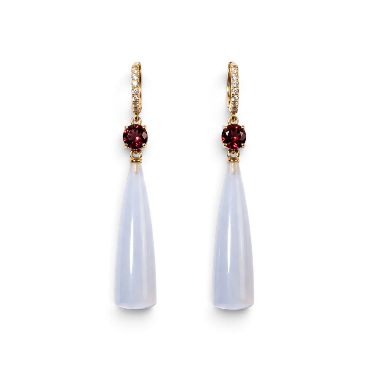 Trebor Style 18k gold drop earrings featuring milky white chalcedony spikes, rubelite stones, and diamond accents.