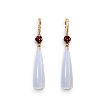 Trebor Style 18k gold drop earrings featuring milky white chalcedony spikes, rubelite stones, and diamond accents.