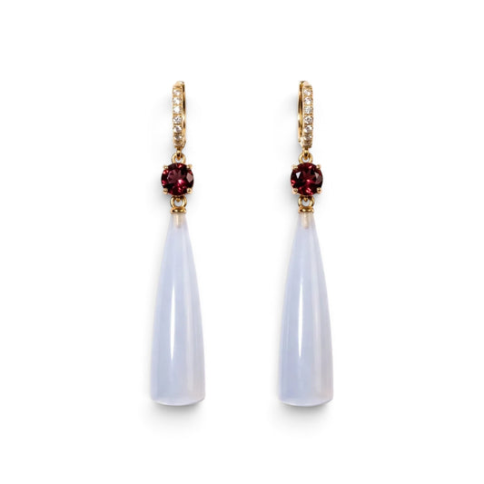 Trebor Style 18k gold drop earrings featuring milky white chalcedony spikes, rubelite stones, and diamond accents.