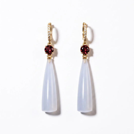 Trebor Style teardrop earrings featuring translucent chalcedony, faceted garnet, and pavé crystals in a gold-tone setting by Sanalitro made in Italy