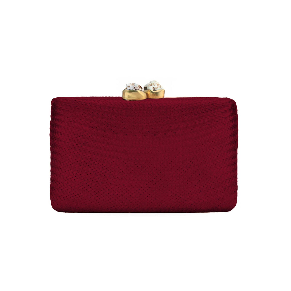 Trebor Style cherry red handwoven buri palm fiber rectangle clutch with a white stone and brass clasp.