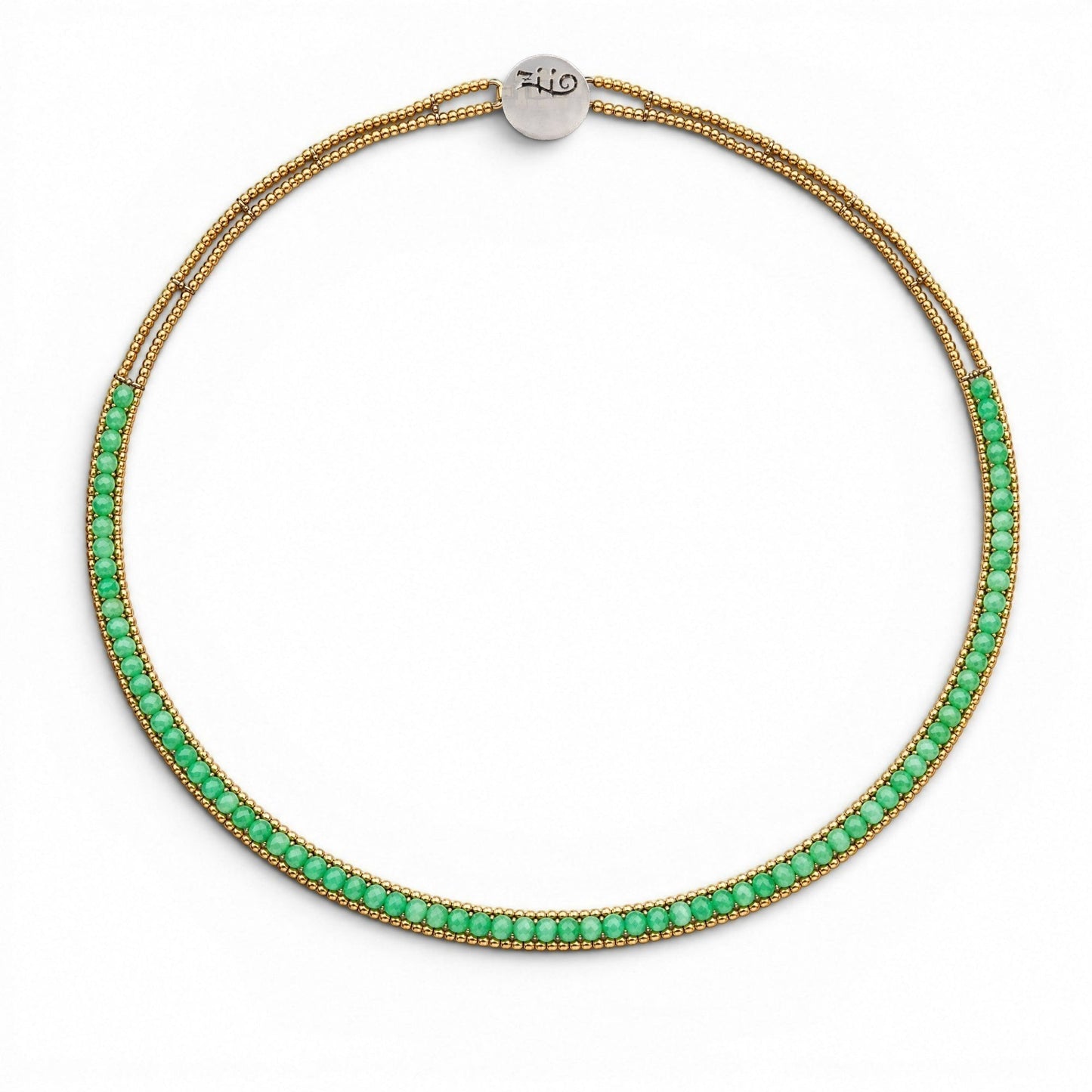 Trebor Style double strand necklace featuring vibrant green beads and polished gold-tone metal accents on a white background, handmade in Italy  by Ziio