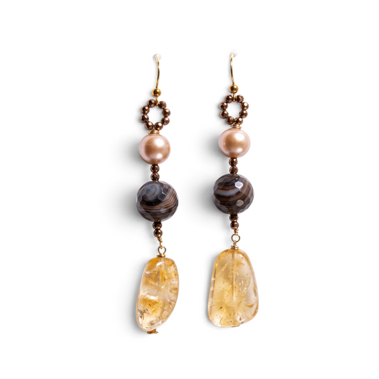 Trebor Style long drop earrings featuring golden citrine, brown agate, champagne pearl, and 18k yellow gold hooks.