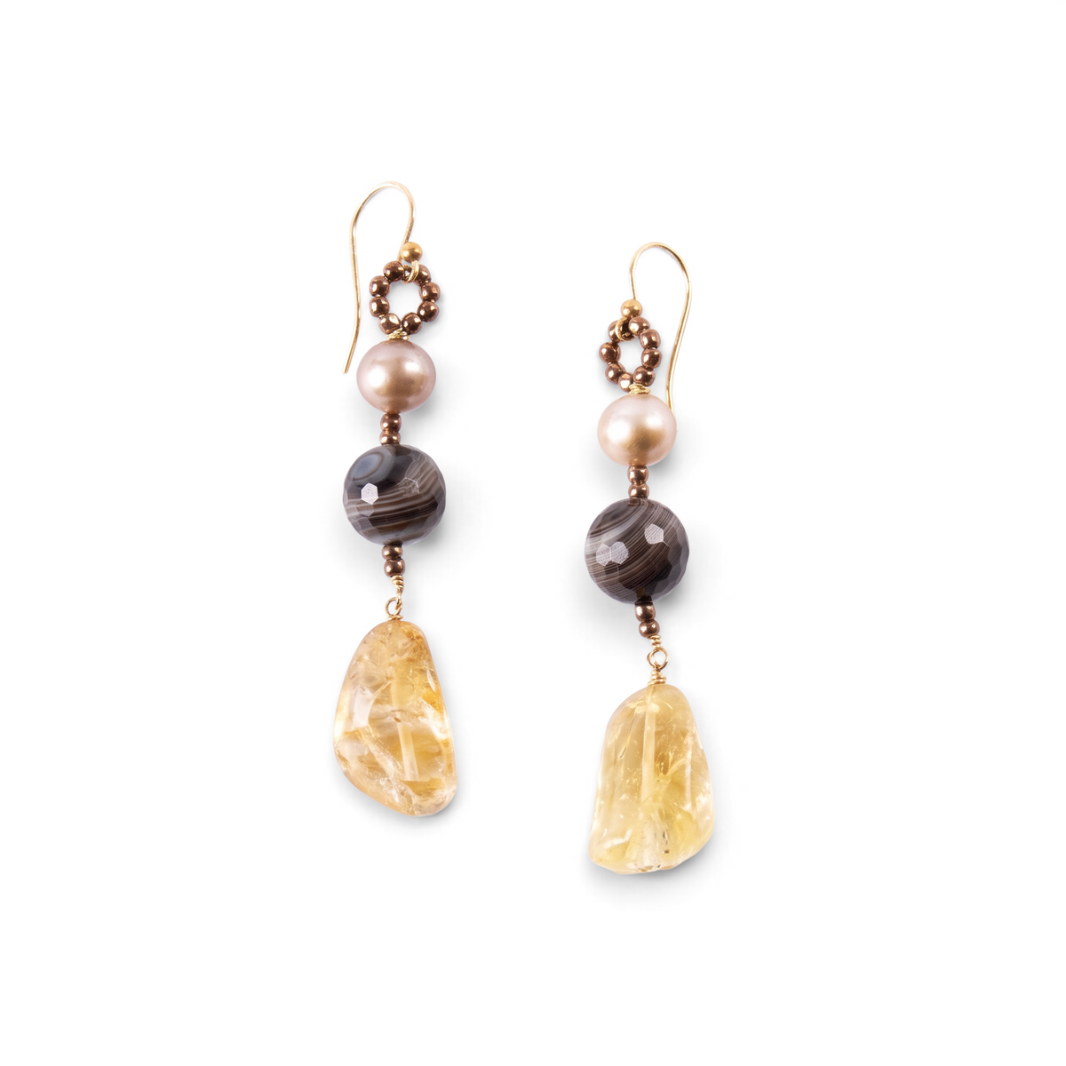 Trebor Style handcrafted 18k yellow gold drop earrings featuring citrine, brown agate, champagne pearl, and hematite.