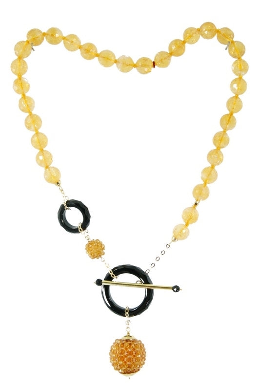 Trebor Style Rajola citrine and black onyx toggle necklace with 18k yellow gold accents and faceted gemstone beads.