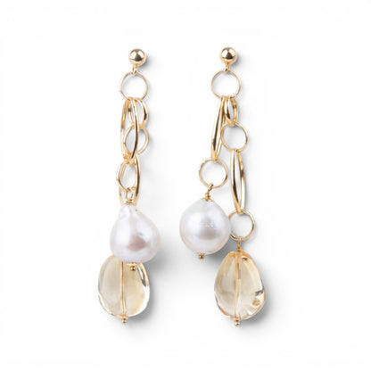 Trebor Style 18k yellow gold chandelier earrings featuring white pearls and golden citrine gemstone drops.