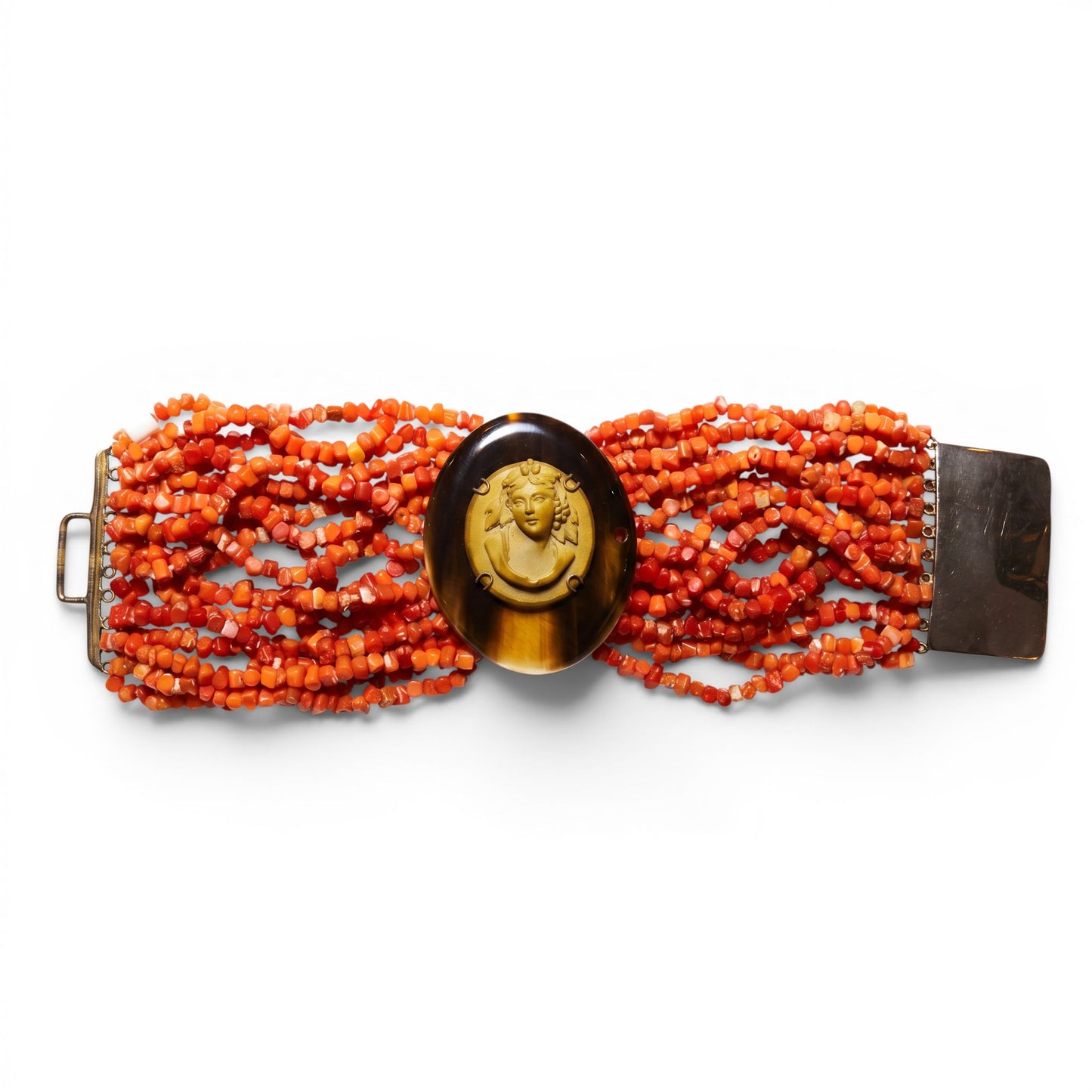 Trebor Style multi-strand coral beaded cuff bracelet featuring a central horn medallion with an antique cameo.