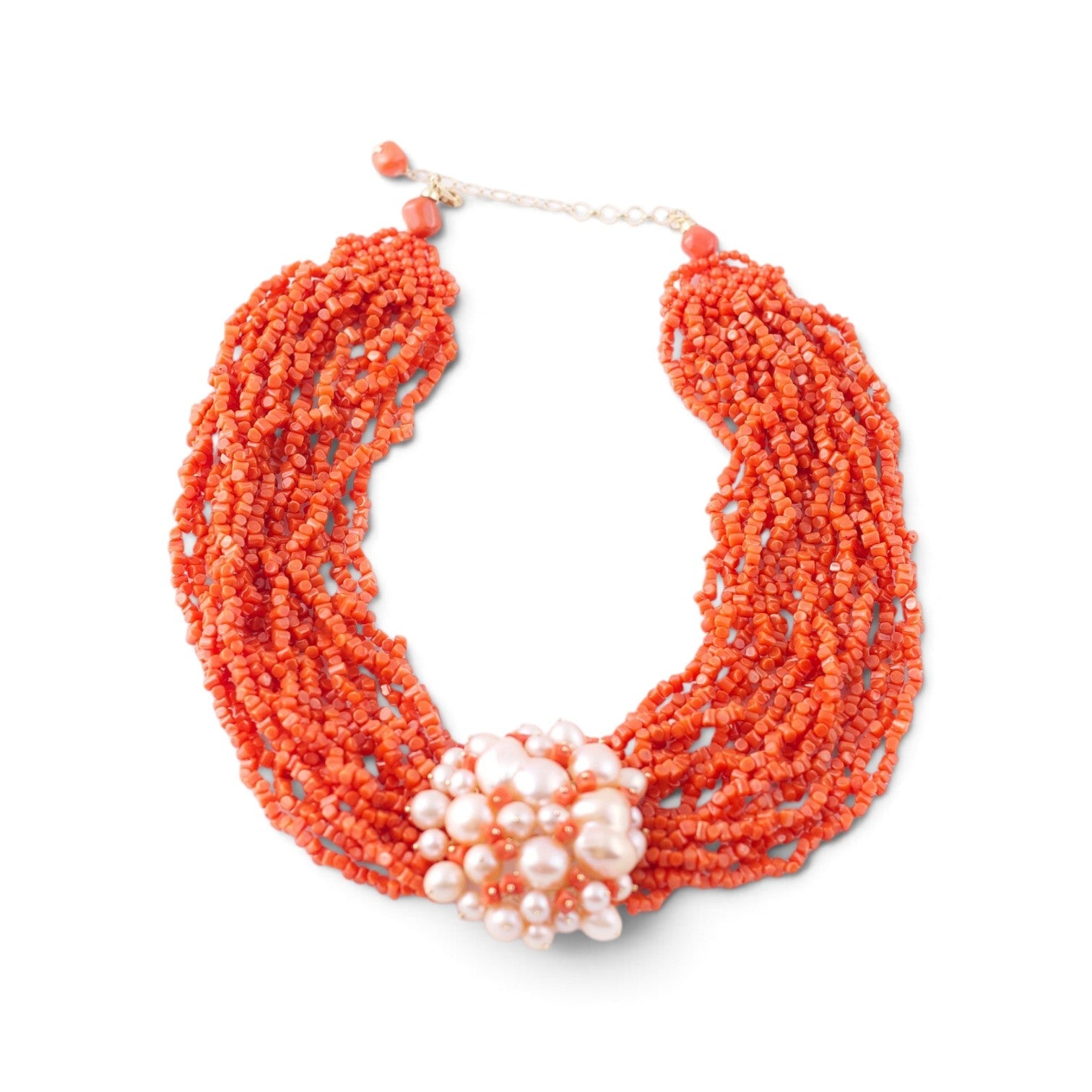Trebor Style multi-strand red coral bead necklace with a central cluster of freshwater pearls and matching earrings.