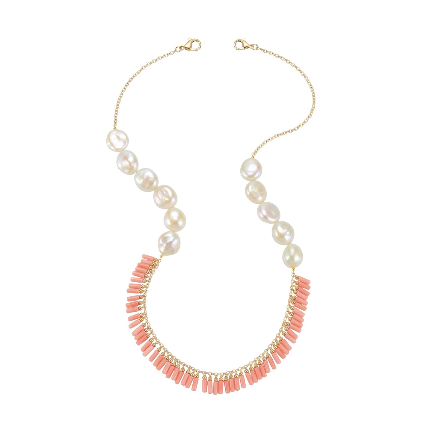 Trebor Style coral and white freshwater coin pearl necklace with gold filled chain and fringe detail.