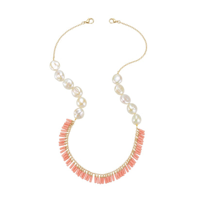 Trebor Style coral and white freshwater coin pearl necklace with gold filled chain and fringe detail.