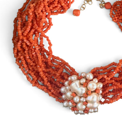 Trebor Style multi-strand red coral beaded statement necklace with a central cluster of organic freshwater pearls