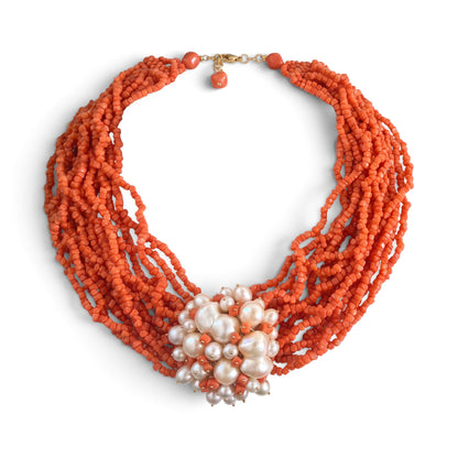 Trebor Style multi-strand red coral beaded statement necklace with a central cluster of lustrous freshwater pearls