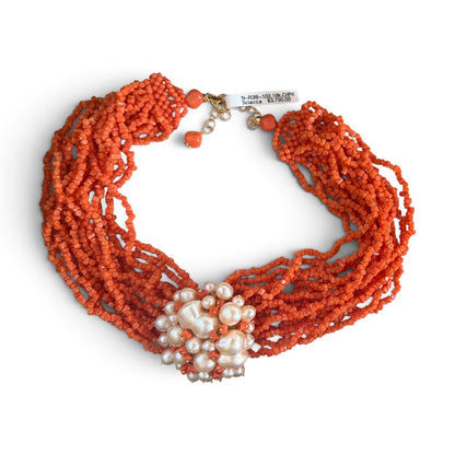 Trebor Style multi-strand red coral beaded statement necklace with a central cluster of lustrous freshwater pearls