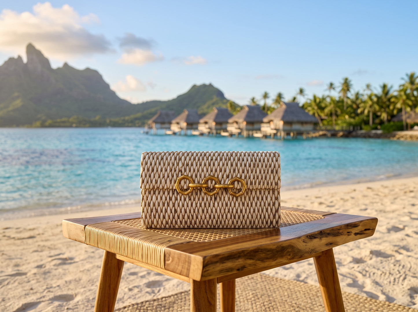 Trebor Style Seychelles cream raffia bag with metallic thread and brass bamboo-inspired clasp on a wooden table
