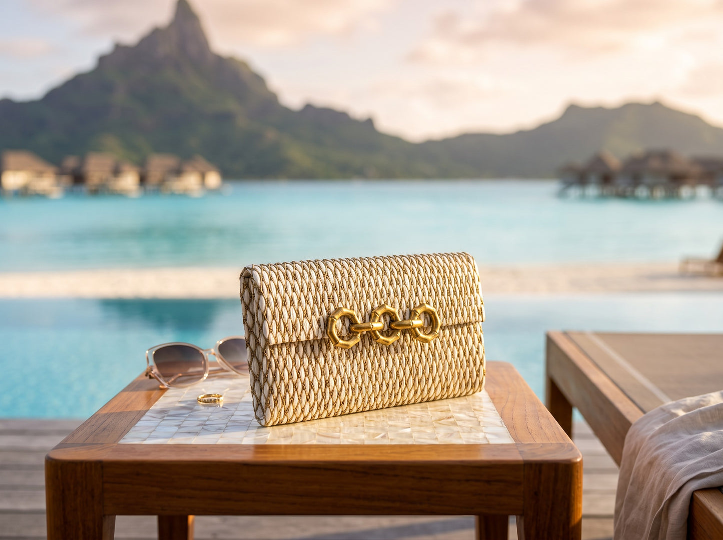 Trebor Style Seychelles cream raffia clutch with metallic embroidery and brass clasp on a tropical resort table.