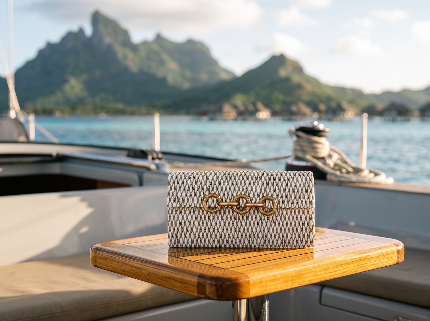 Trebor Style Seychelles cream raffia bag with metallic thread embroidery and a brass bamboo-inspired clasp on a boat.