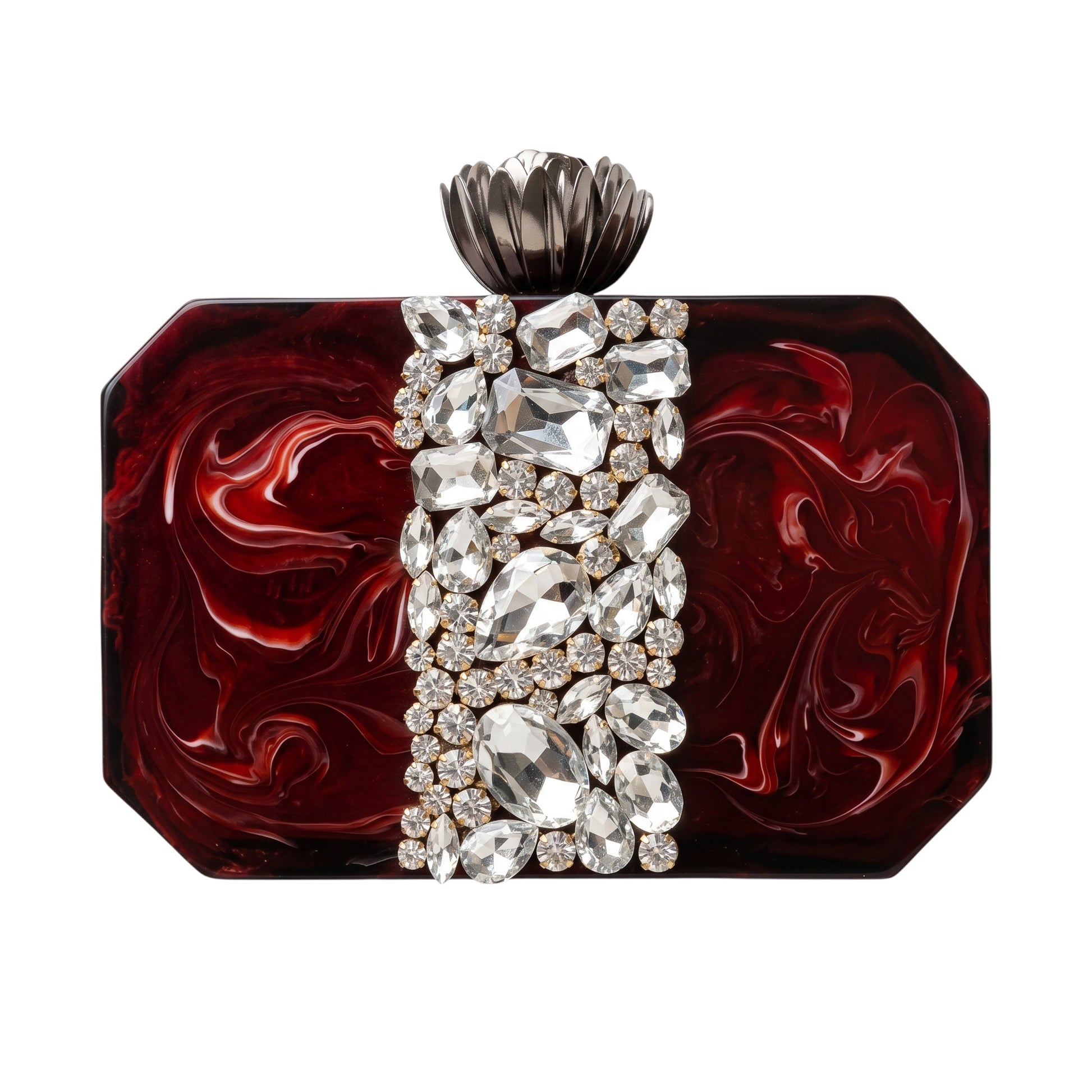 Trebor Style Roohi crimson resin clutch with hexagonal shape, clear gem embellishments, and a metallic lotus clasp.