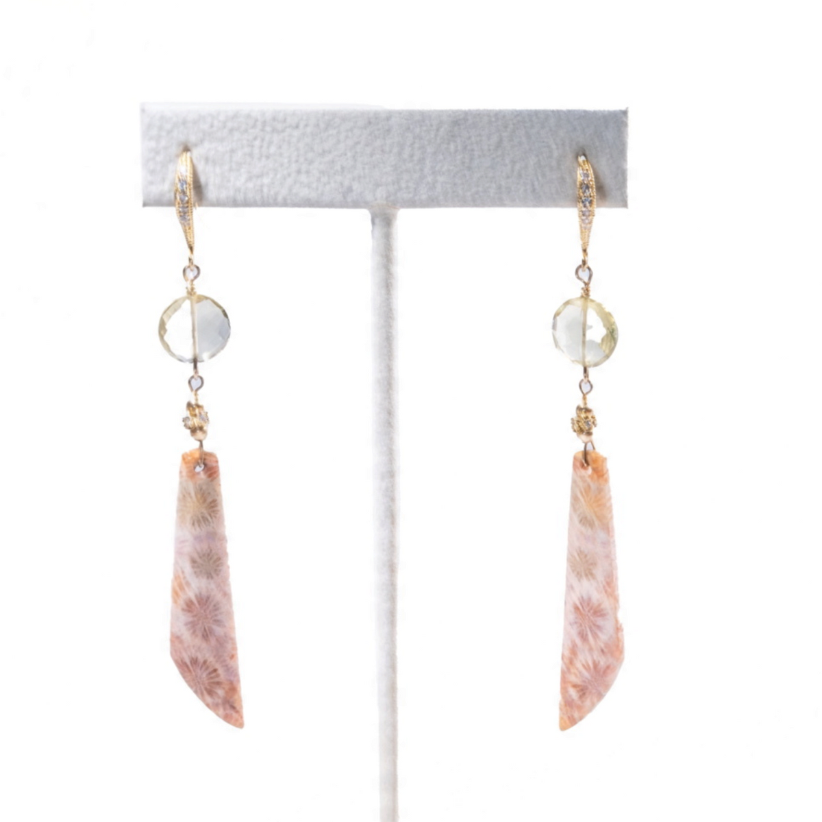 Trebor Style 14k gold drop earrings featuring faceted crystal quartz, CZ pavé, and sculptural fossil coral drops.