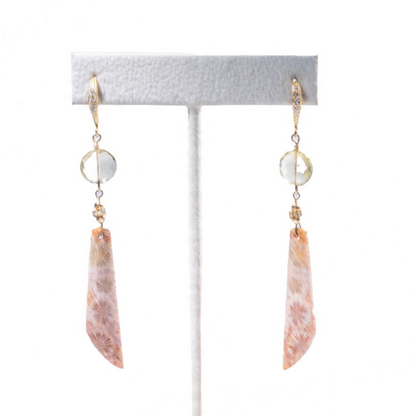 Trebor Style 14k gold drop earrings featuring faceted crystal quartz, CZ pavé, and sculptural fossil coral drops.
